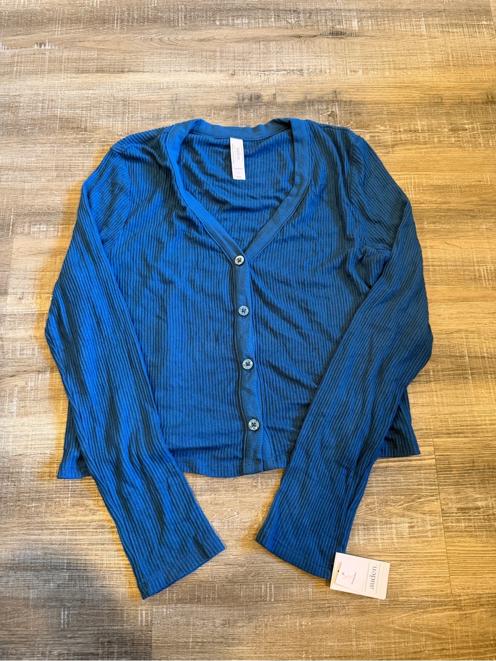 Auden Blue Ribbed V-Neck Button-Front Long Sleeve Top